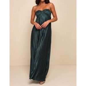 NWT Lulus Whimsical Beauty Green Satin Plisse Strapless Maxi Dress Medium